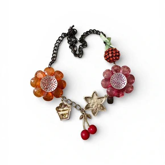 Vintage Betsey Johnson Colorful Floral, Cupcakes & Cherries Charm Necklace - Picture 4 of 4